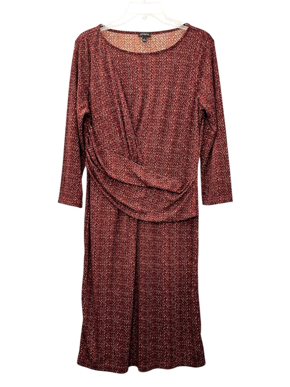 Talbots Dress Burnt Orange Printed Round Neckline Sleeves Faux Wrap Drape Large